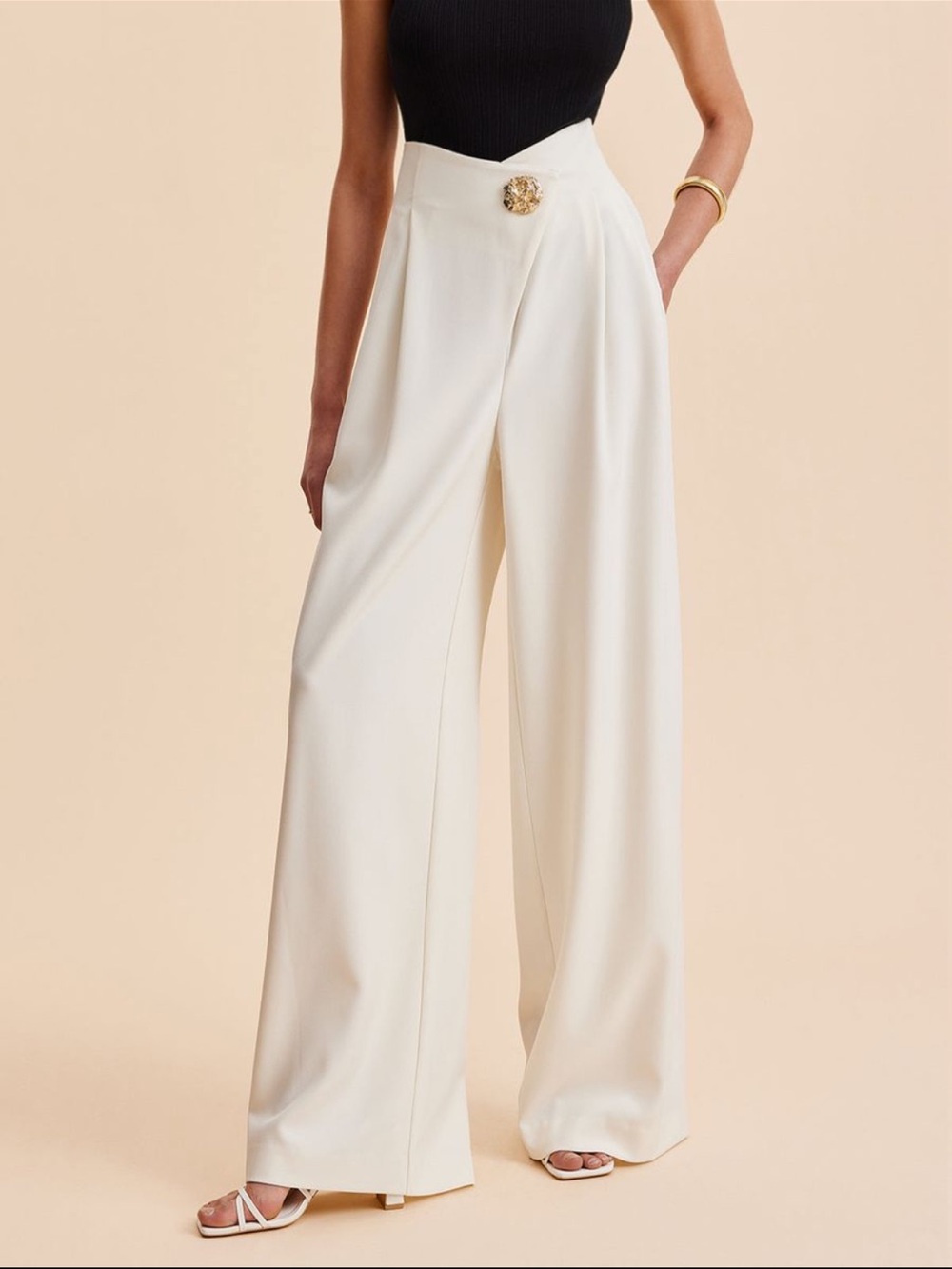 Commense Wide-Leg High-Rise Pants in Cream with Gold Button